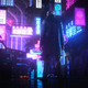 Agent 47, in a long coat and with his back to us, stands on a street drenched in neon light.